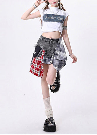 French Grey Asymmetrical Patchwork Denim Short Skirt Summer