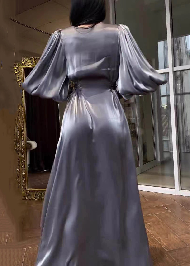 French Grey O-Neck Solid Silk Long Dresses Lantern Sleeve