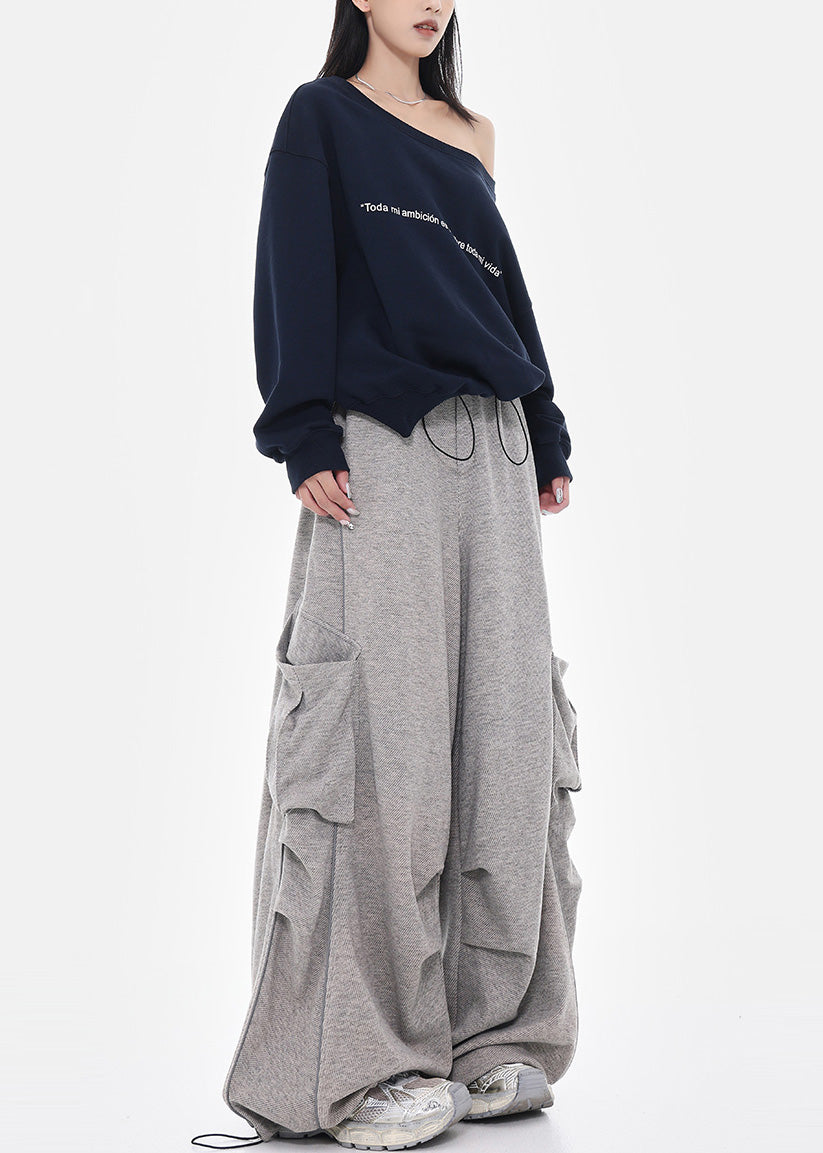 French Grey Oversized Drawstring Cotton Pants Spring