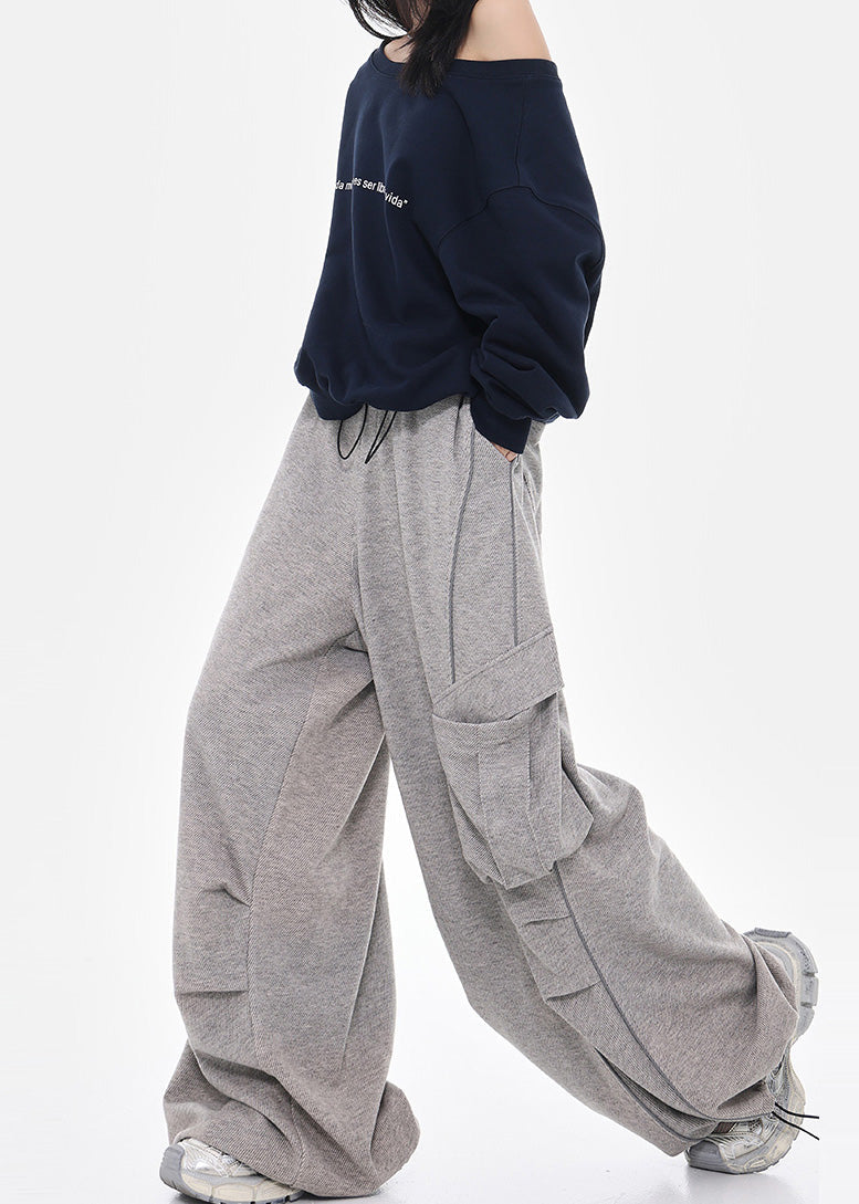 French Grey Oversized Drawstring Cotton Pants Spring