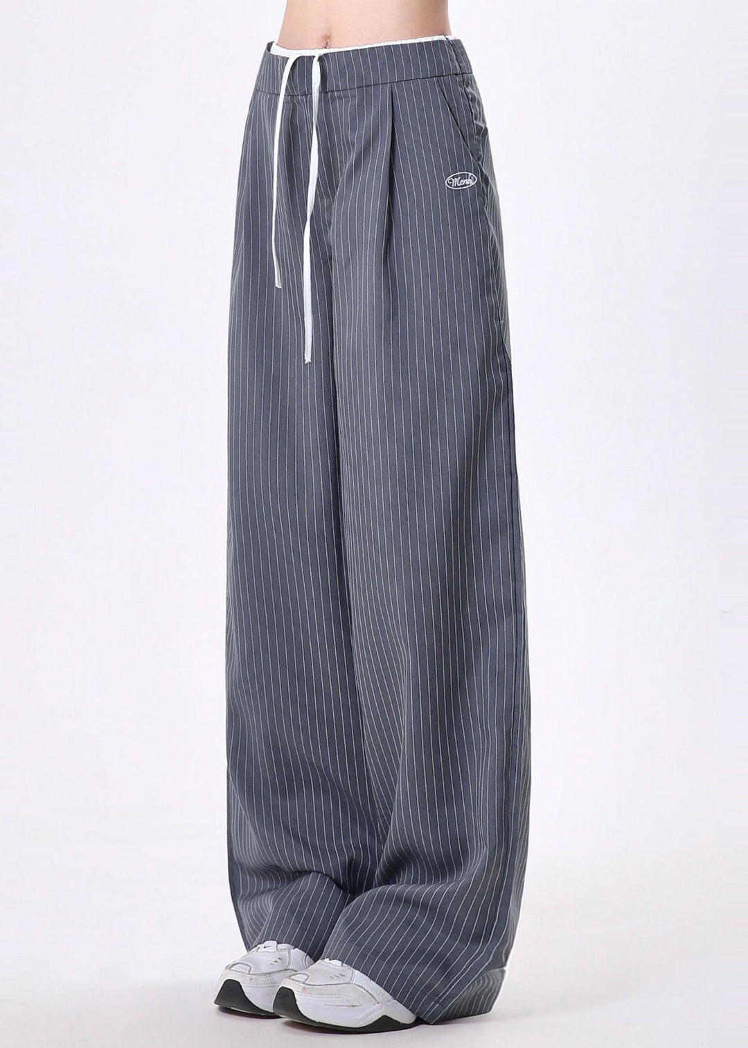 French Grey Oversized Striped Cotton Wide Leg Pants Spring