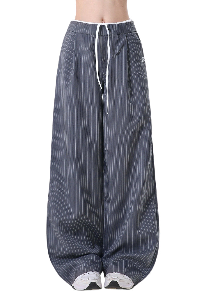 French Grey Oversized Striped Cotton Wide Leg Pants Spring