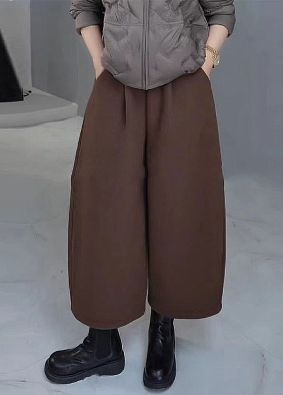 French Grey Pockets Elastic Waist Warm Fleece Wide Leg Pants Spring