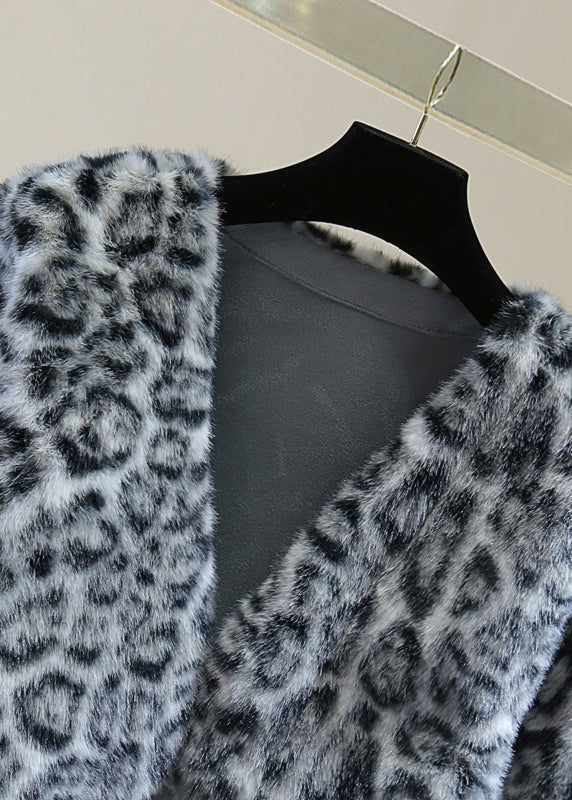 French Grey Print Fuzzy Fur Fluffy Coats Winter