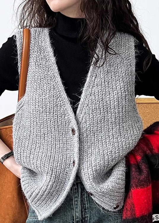 French Grey V Neck Button Woolen Vest Sleeveless