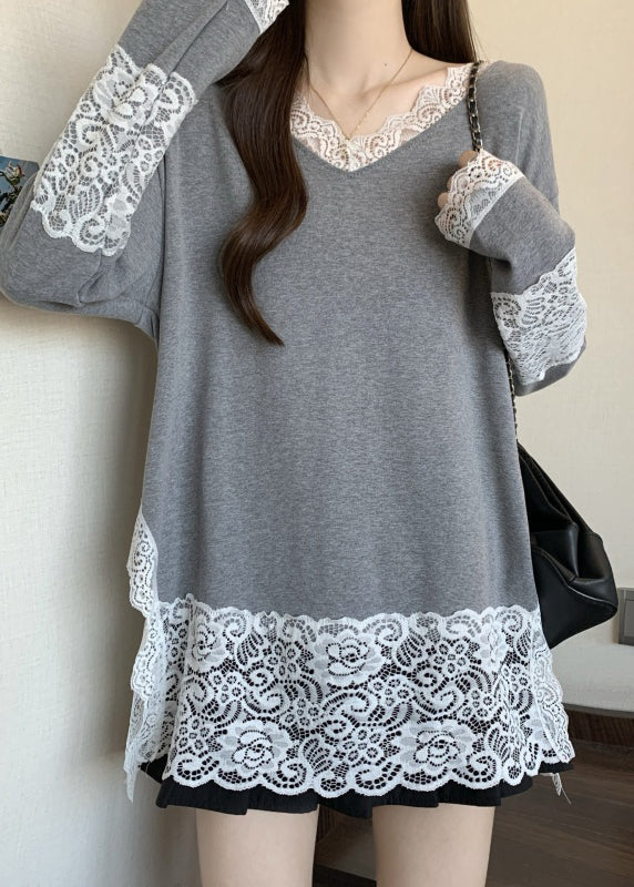 French Grey V Neck Lace Patchwork Cotton T Shirt Top Spring