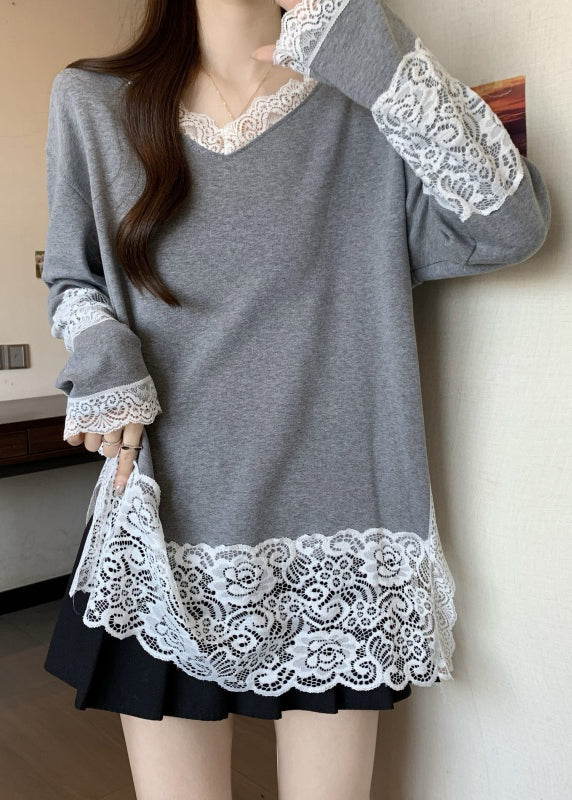 French Grey V Neck Lace Patchwork Cotton T Shirt Top Spring