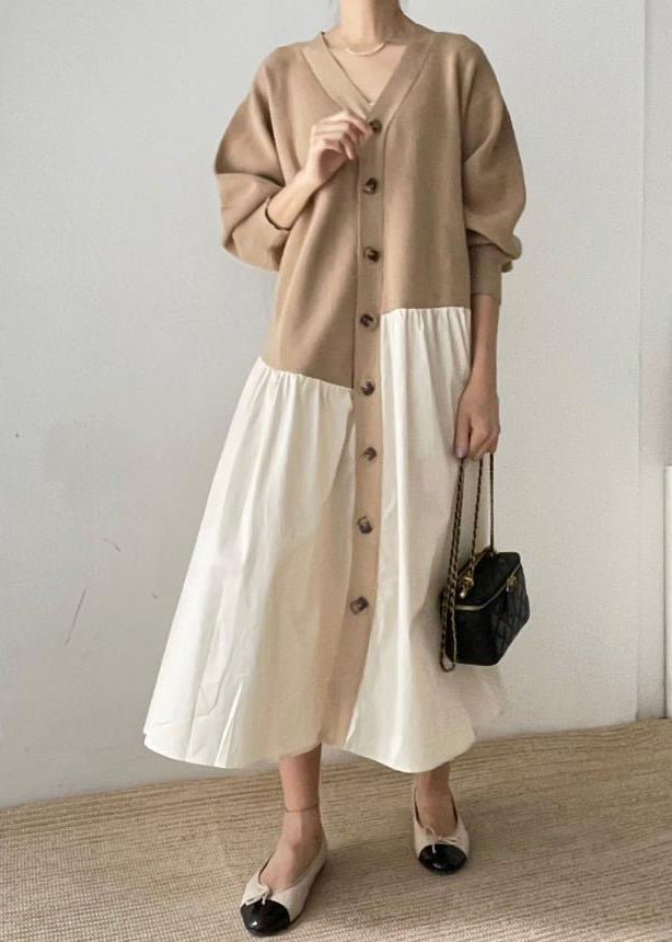 French Khaki Asymmetrical Patchwork Cotton Maxi Dresses Spring