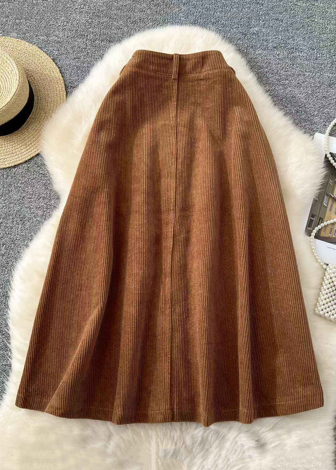 French Khaki Button Pockets High Waist Corduroy Skirts Winter