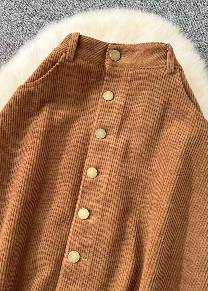 French Khaki Button Pockets High Waist Corduroy Skirts Winter