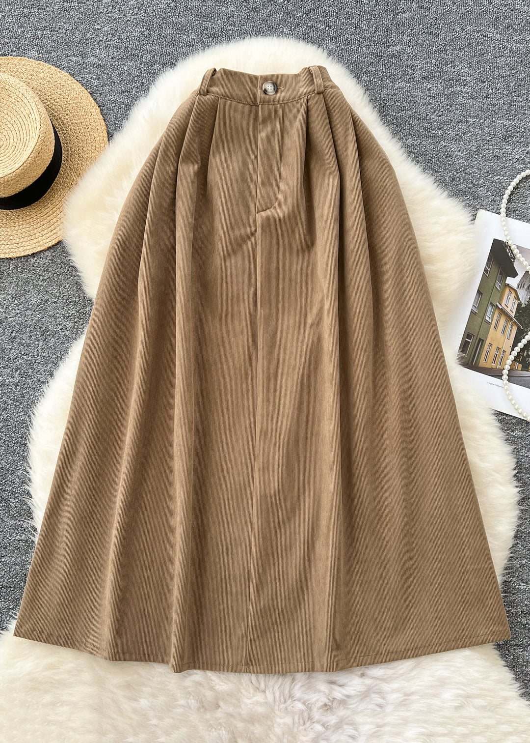 French Khaki Pockets Elastic Waist Corduroy Skirts Winter