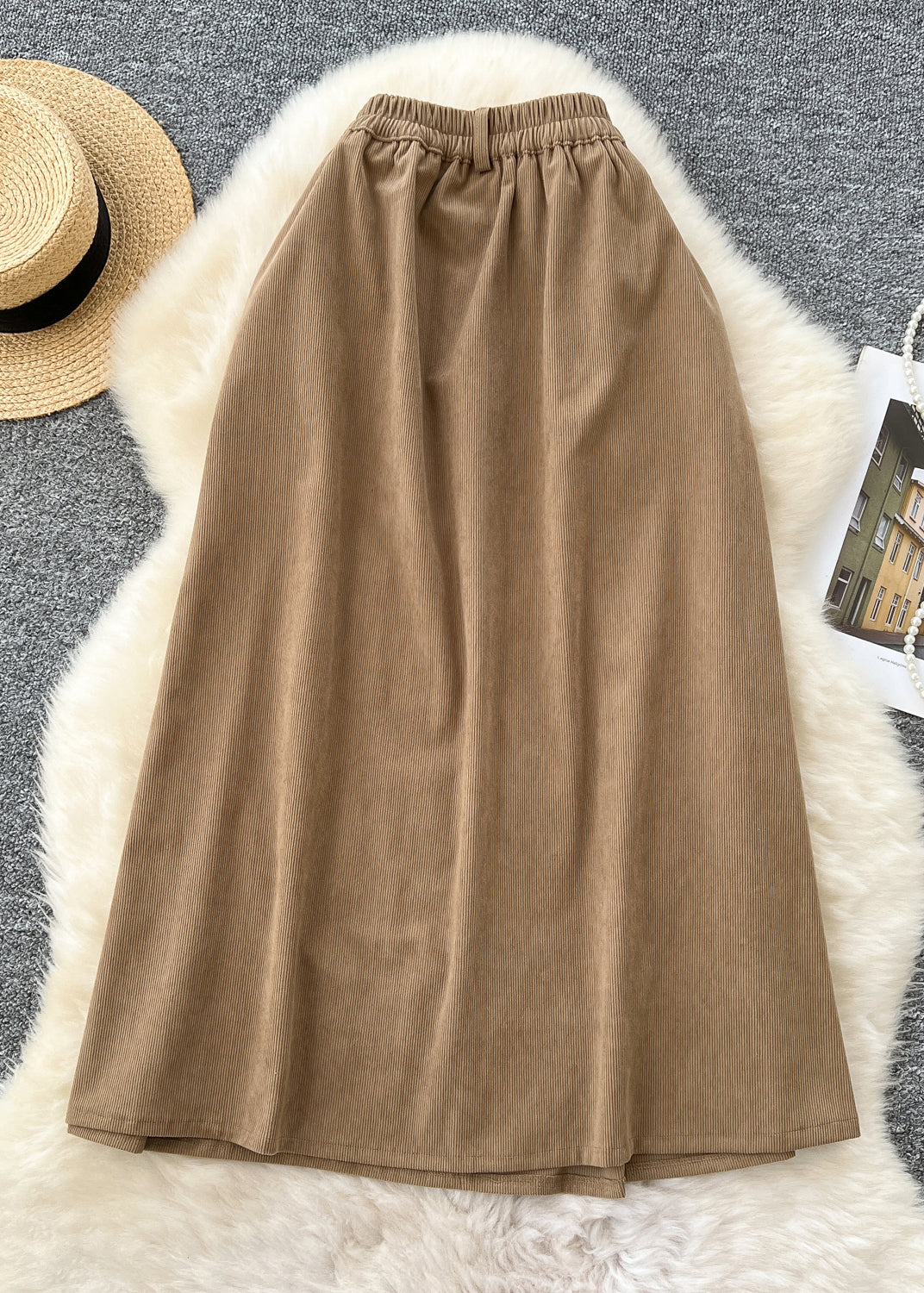 French Khaki Pockets Elastic Waist Corduroy Skirts Winter