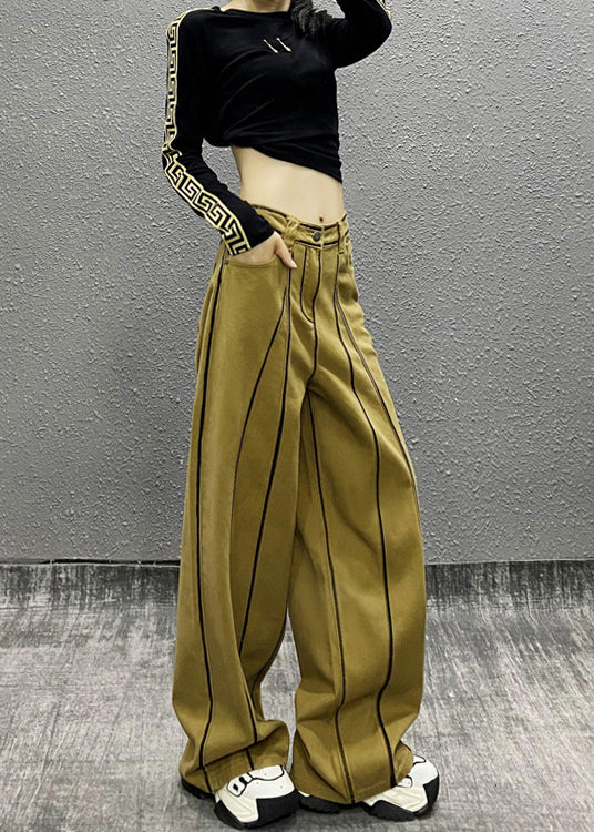 French Khaki Pockets Patchwork Denim Wide Leg Pants Fall