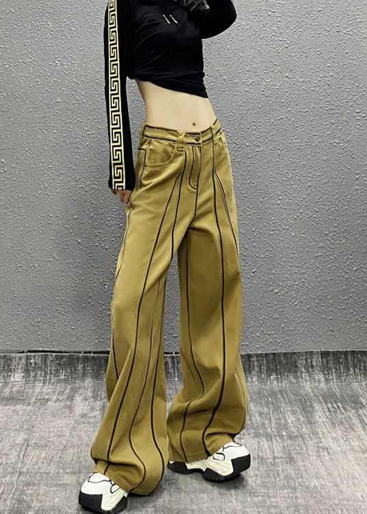 French Khaki Pockets Patchwork Denim Wide Leg Pants Fall