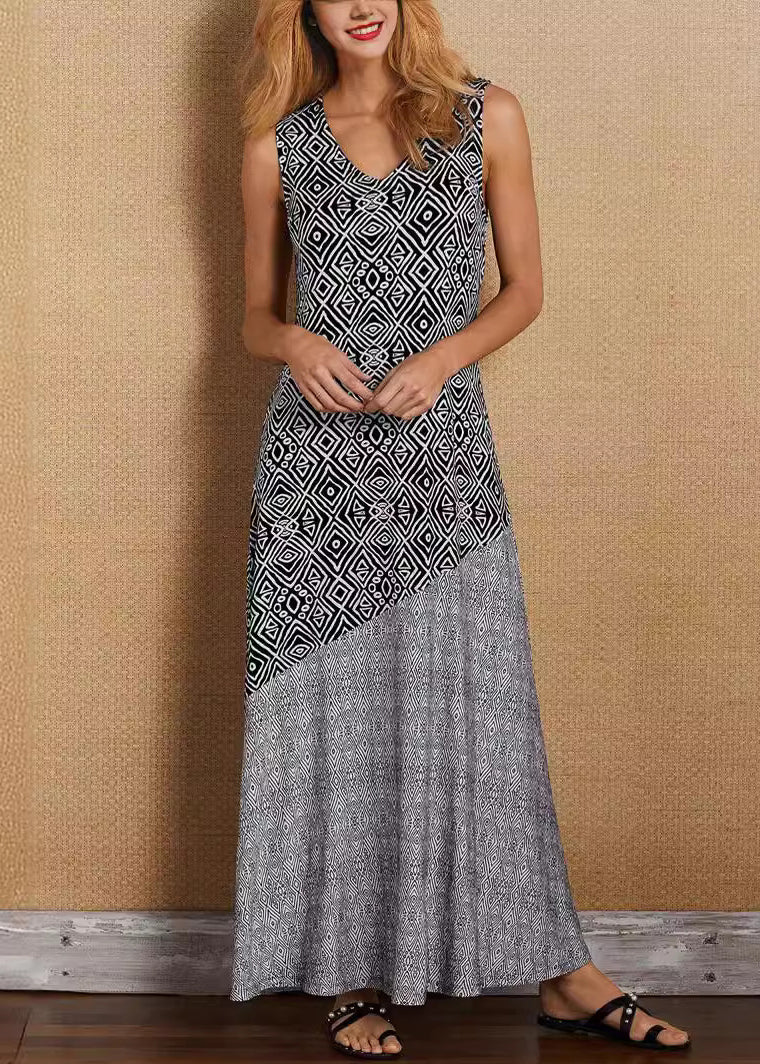 French Khaki V Neck Print Patchwork Cotton Maxi Dresses Sleeveless