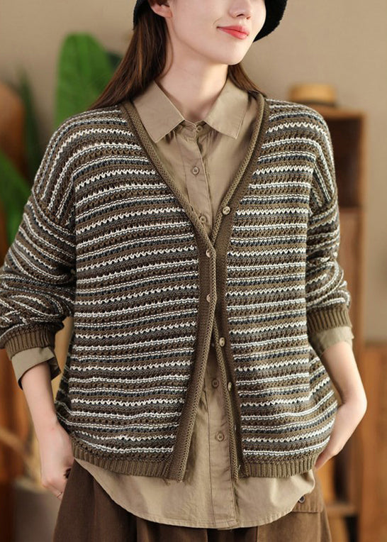 French Khaki V Neck Striped Button Knit Coats Spring