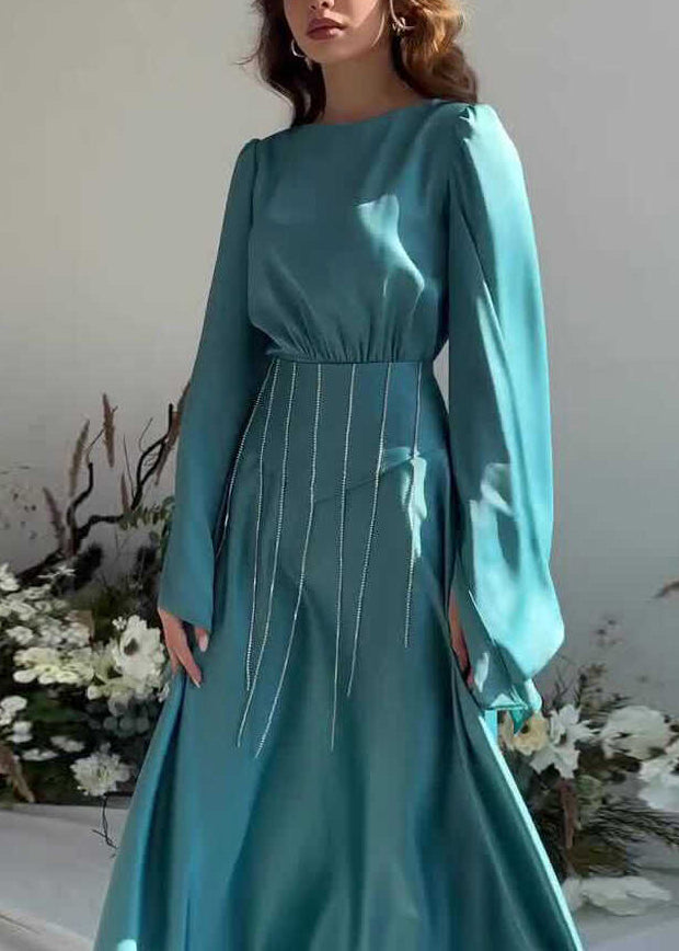 French Lake Blue Tassel Lace Up Silk Long Dress Fall