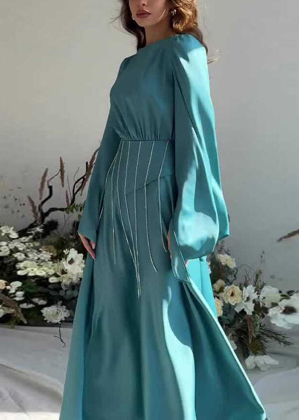 French Lake Blue Tassel Lace Up Silk Long Dress Fall