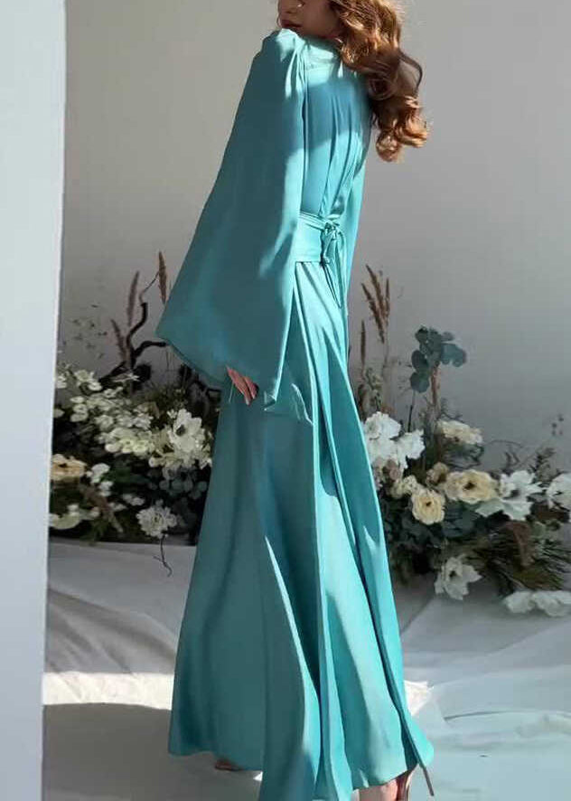 French Lake Blue Tassel Lace Up Silk Long Dress Fall