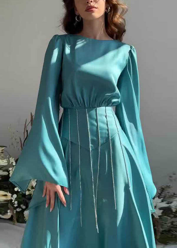 French Lake Blue Tassel Lace Up Silk Long Dress Fall