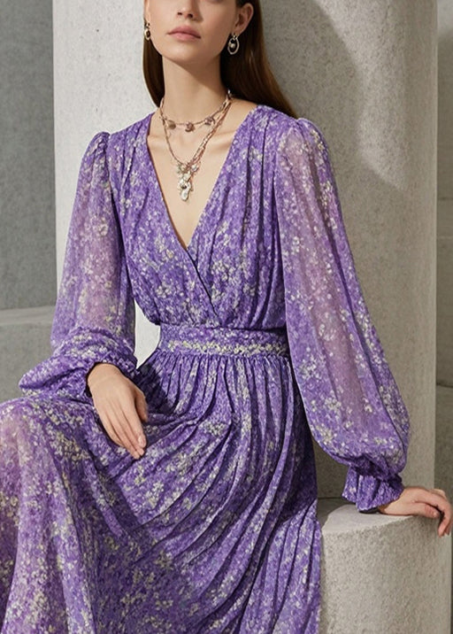 French Lavender Cinched Print Chiffon Robe Dresses Fall