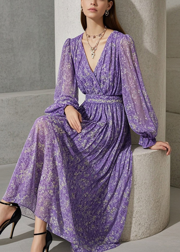 French Lavender Cinched Print Chiffon Robe Dresses Fall