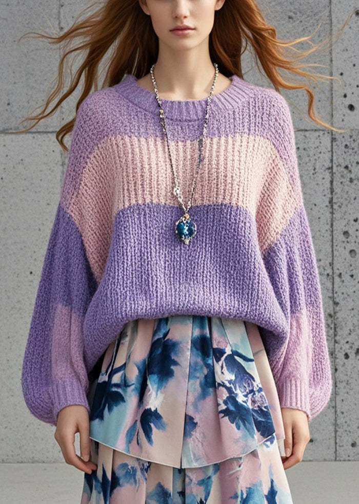 French Lavender Oversized Patchwork Cozy Sweaters Fall