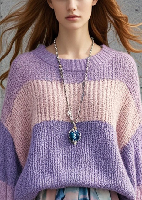 French Lavender Oversized Patchwork Cozy Sweaters Fall