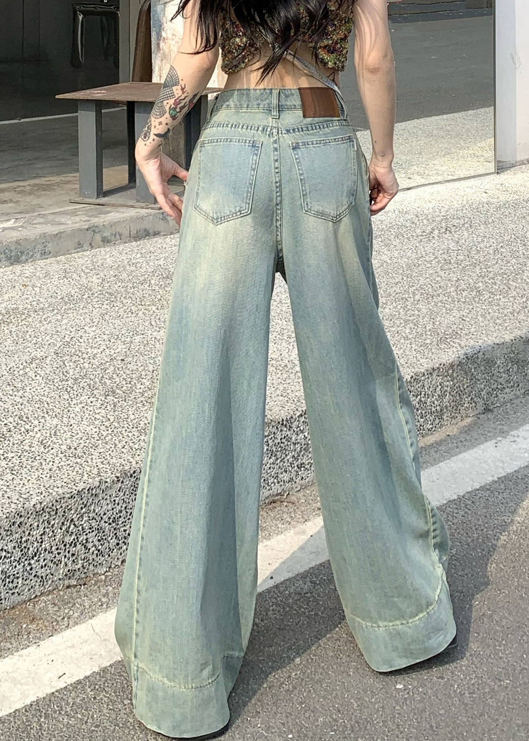 French Light Blue Pockets High Waist Wide Leg Pants Summer