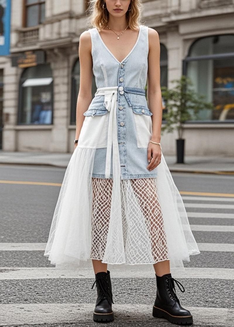 French Light Blue V Neck Patchwork Tulle Denim Long Dress Summer