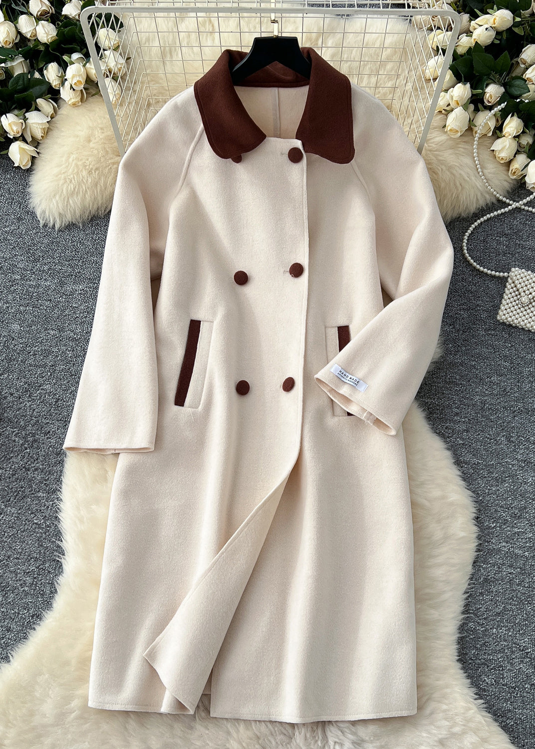 French Light Camel Double Breast Pockets Woolen Coats Winter