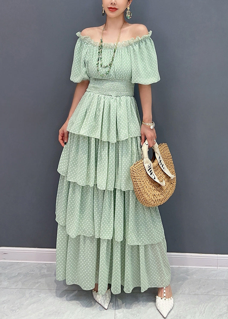 French Light Green Cold Shoulder Ruffled Patchwork Chiffon Dress Summer