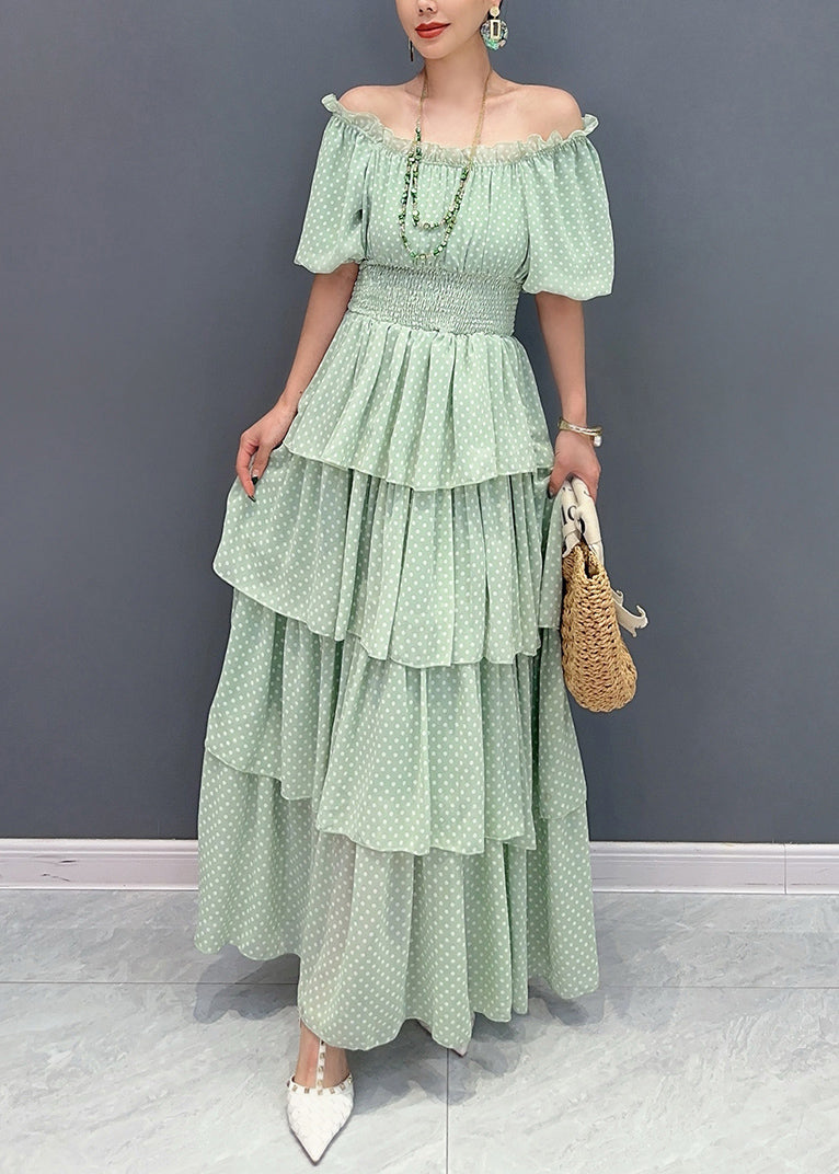 French Light Green Cold Shoulder Ruffled Patchwork Chiffon Dress Summer