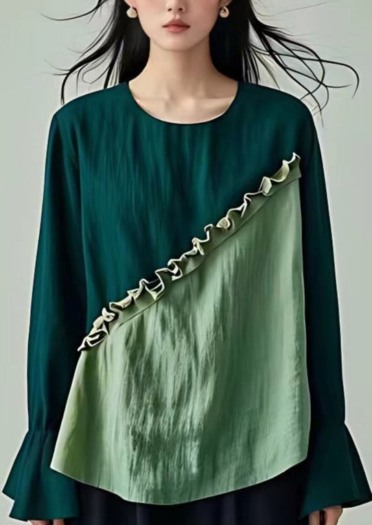 French Light Green O Neck Ruffled Cotton Top Flare Sleeve