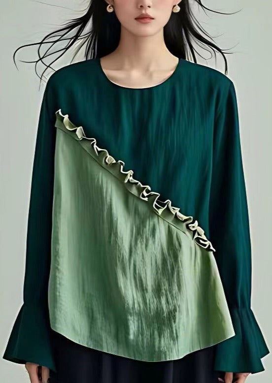 French Light Green O Neck Ruffled Cotton Top Flare Sleeve