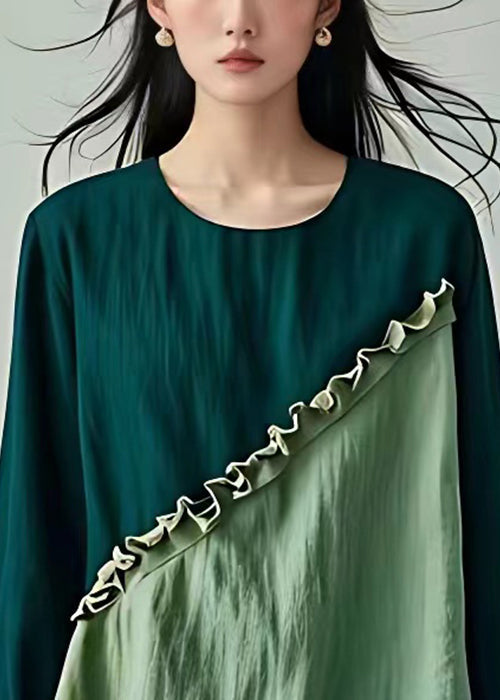 French Light Green O Neck Ruffled Cotton Top Flare Sleeve