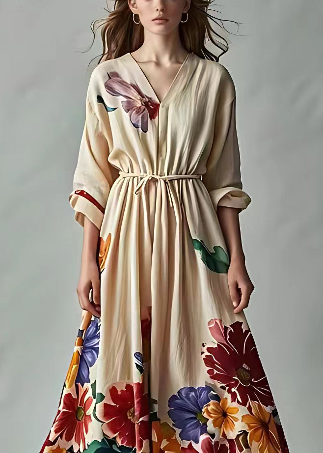 French Light Khaki V Neck Print Tie Waist Cotton Maxi Dress Fall