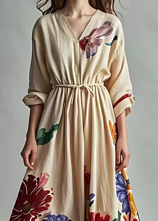French Light Khaki V Neck Print Tie Waist Cotton Maxi Dress Fall