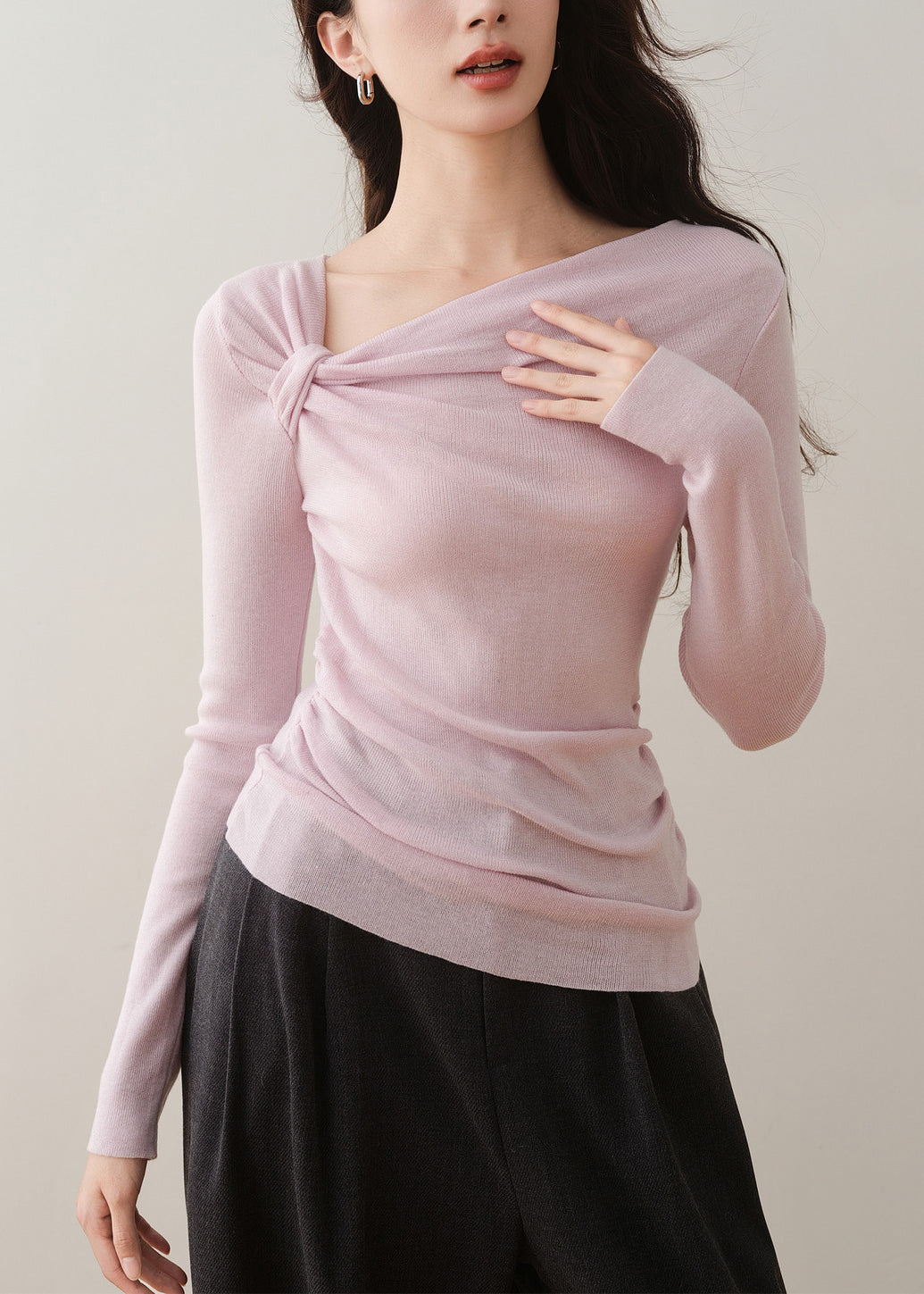 French Light Purple Slash Neck Asymmetrical Knit Top Spring