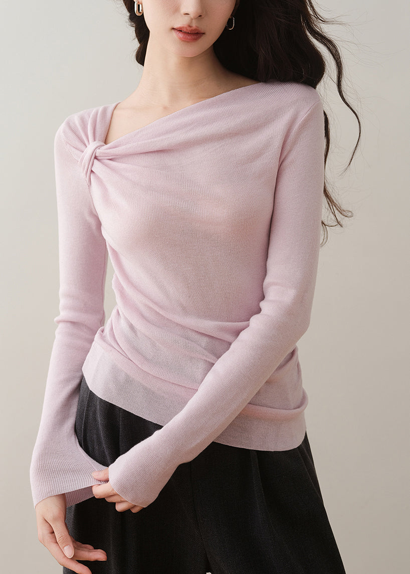 French Light Purple Slash Neck Asymmetrical Knit Top Spring