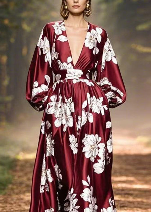 French Mulberry V Neck Print Pockets Silk Maxi Dresses Spring