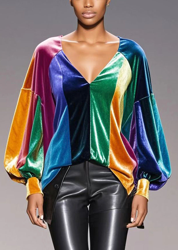 French Multicolour Asymmetrical Patchwork Silk Velour Top Fall