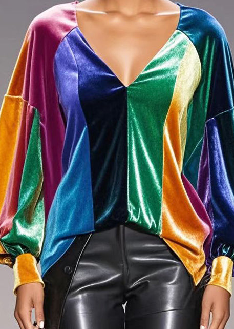 French Multicolour Asymmetrical Patchwork Silk Velour Top Fall