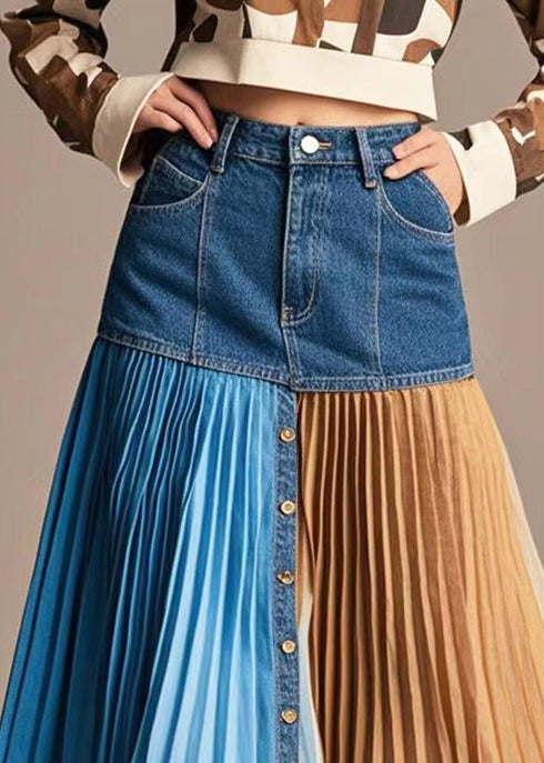 French Navy Asymmetrical Patchwork Denim Pleated Skirt Fall