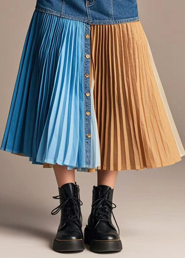 French Navy Asymmetrical Patchwork Denim Pleated Skirt Fall