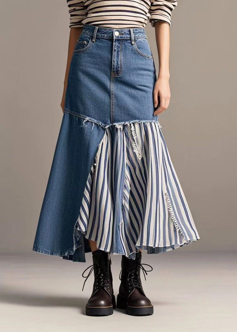 French Navy Asymmetrical Patchwork Striped Denim Skirt Spring