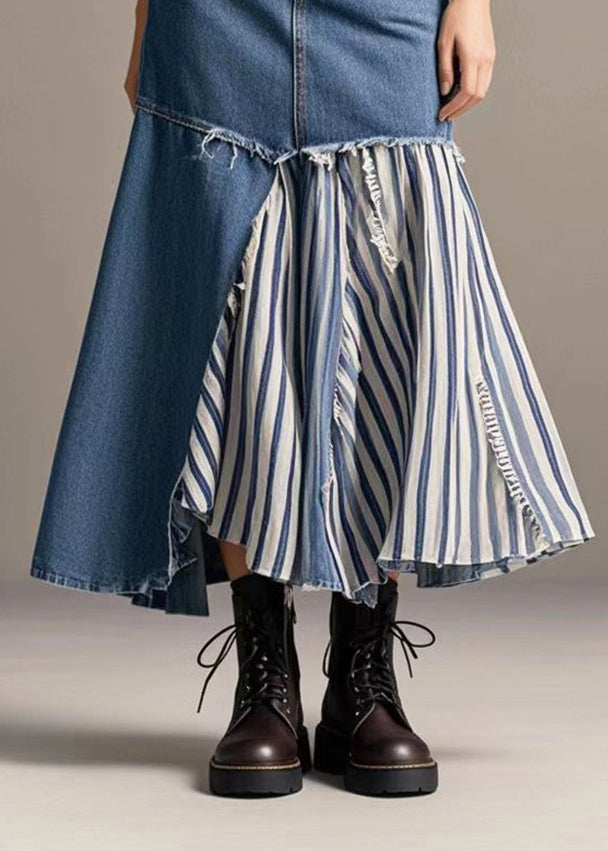 French Navy Asymmetrical Patchwork Striped Denim Skirt Spring