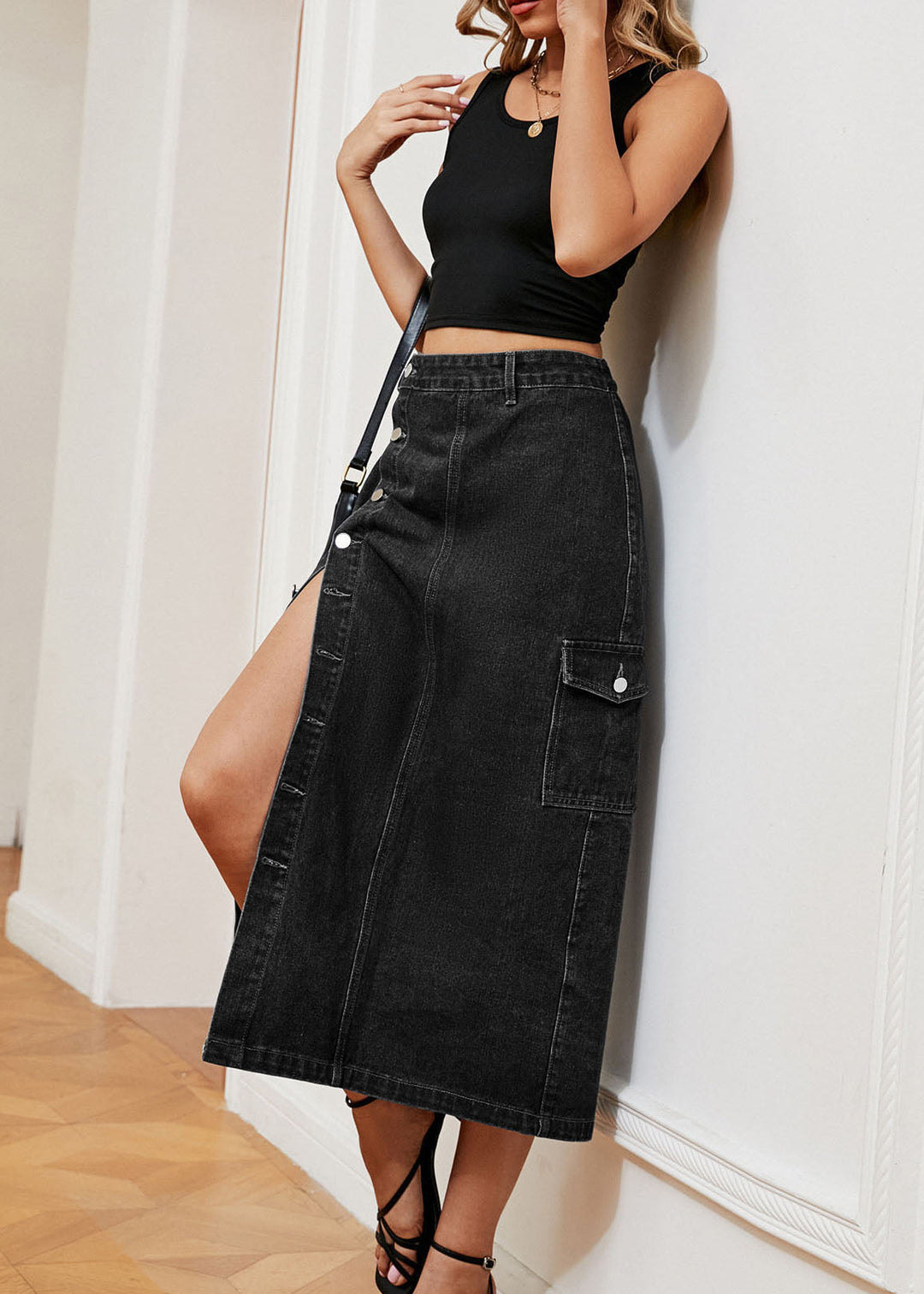 French Navy Button Elastic Waist Denim Skirts Summer