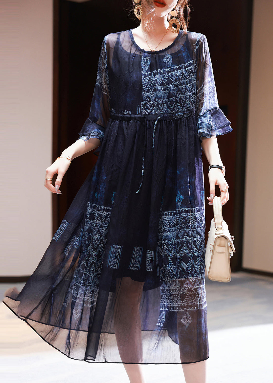 French Navy Cinched Print Chiffon Dress Summer