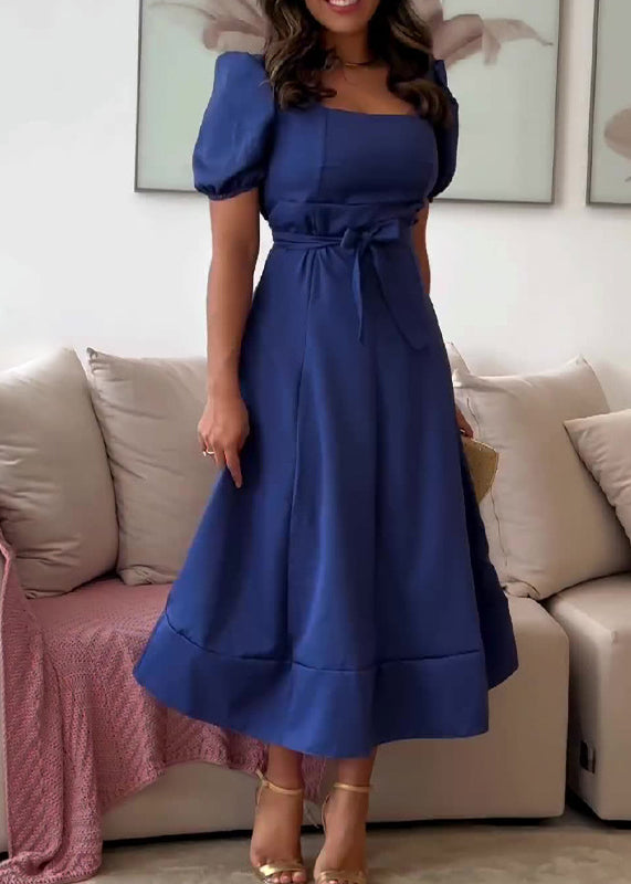 French Navy Square Collar Tie Waist Cotton Dress Puff Sleeve